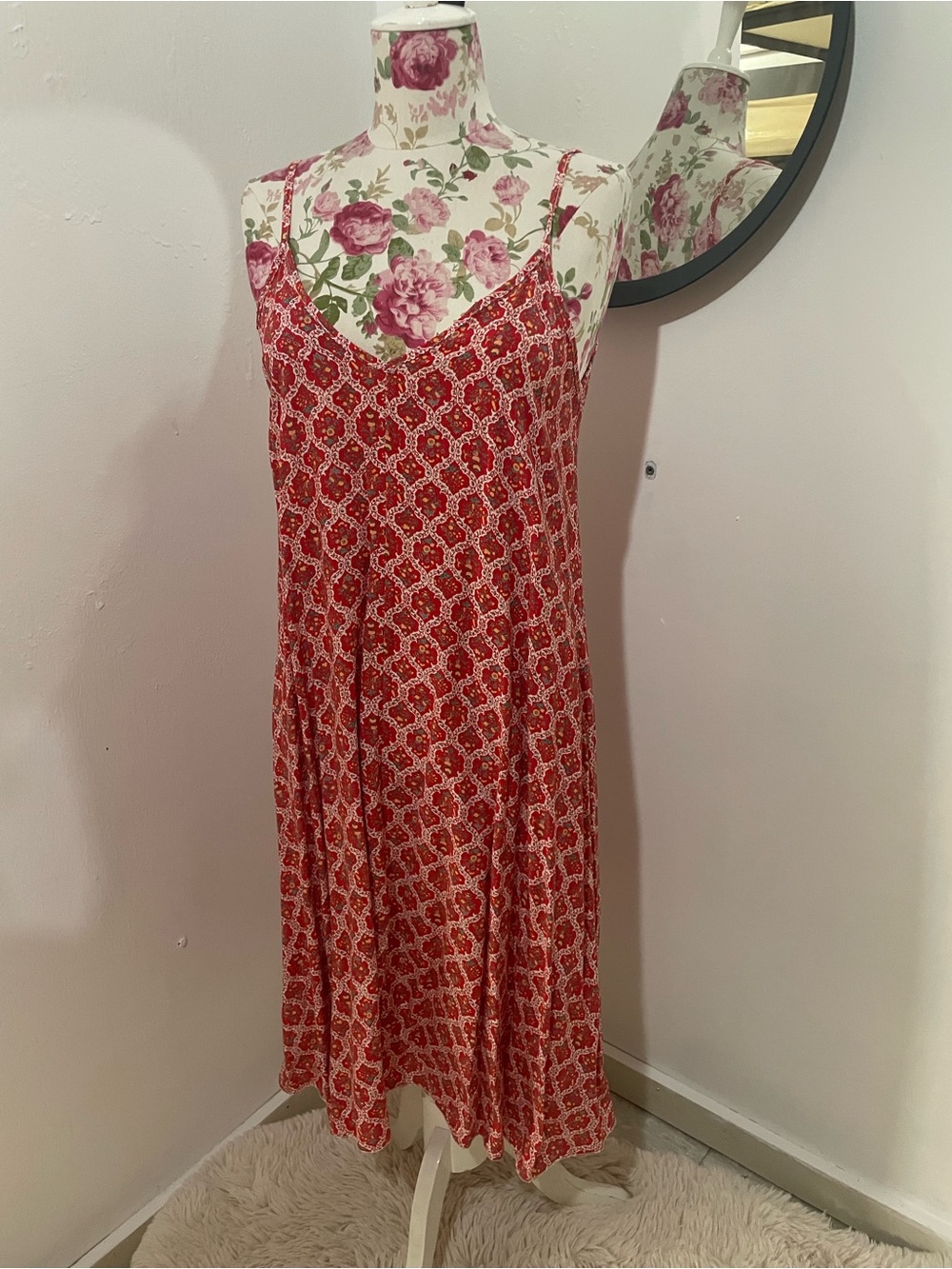 Boho Slip Midi Dress Viscose Red Floral Print Boutique Spain Sundress Sz M/L